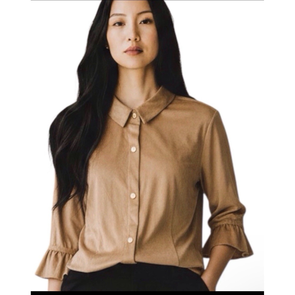 Gretchen Scott Sz M Ultra Suede Priss Top Beige Blouse Metal-Tone Buttons